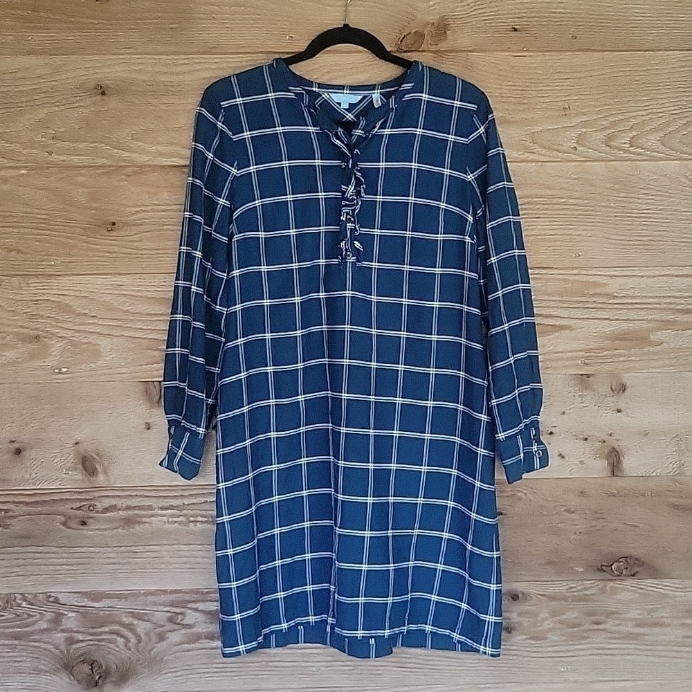 Draper James Windowpane Plaid Ruffle Shirt Dress Size 8